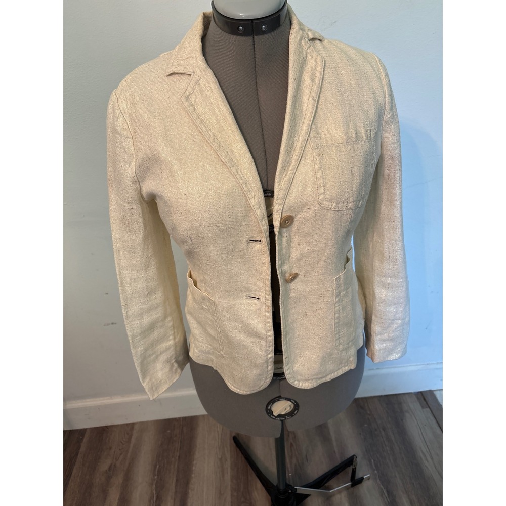 J.Crew Blazer Womens 6 Ivory Gold Metallic Linen 2-Button Shimmer Good Condition